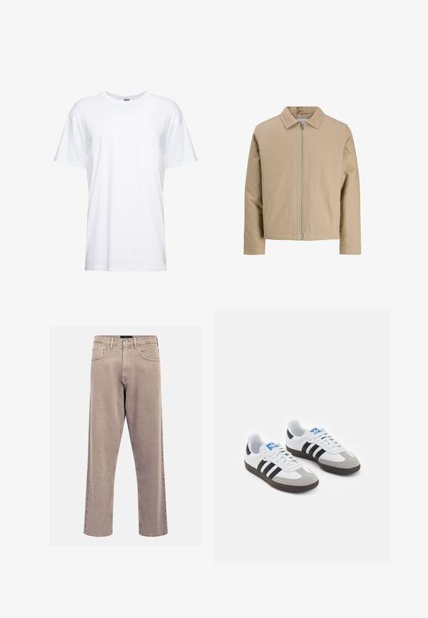 Beige kort jakke lavet af glat stof, med spidse krave, frontlynlås og to sidelommer. Enkel design og rene linjer.; Hvid bomulds T-shirt med rund halsudskæring og korte ærmer. Stoffet er glat med en afslappet pasform og uden synlige grafikker eller mønstre.; Beige lige jeans lavet af denim, med et klassisk fem-lomme design, stikninger og en ren kant.; Sportsko med en overdel i hvid læder, grå ruskind på tåen og tre sorte striber. Har et blåt logo på tungen og en struktureret gummisål.