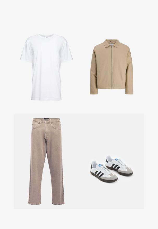Beige rövid dzseki sima anyagból, pont kollárral, elülső cipzárral és két oldalsó zsebből áll. Egyszerű dizájn és letisztult vonalak jellemzik.; Fehér pamut póló kerek nyakkal és rövid ujjakkal. Az anyaga sima, lazán illeszkedik, és nincsenek rajta látható grafikák vagy minták.; Világos bézs egyenes szárú farmer, enyhén kifakult textúrával, ötpántos kialakítással és fém gombos záródással. Kiemelkedő varrási részletek.; Fehér bőr felsőrészes sportcipő, szürke velúrból készült orral és három fekete csíkkal. Jellemzője a kék logó a nyelvén és egy texturált gumitalp.