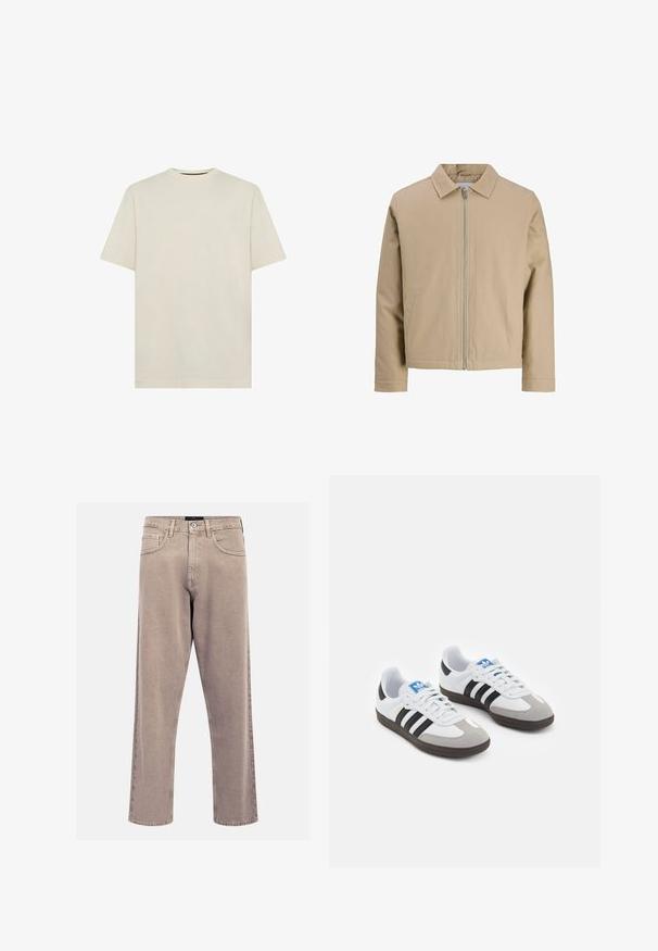 Jachetă scurtă bej, fabricată dintr-un material neted, cu guler în vârf, fermoar frontal și două buzunare laterale. Design simplu și linii curate.; T-shirt din bumbac bej deschis cu guler clasic și mâneci scurte. Design simplu, fără ornamente. Textură moale, croială regulară.; Jeans bej cu croi drept, fabricate din denim, având un design clasic cu cinci buzunare, accente cusute și o finisare curată a tivului.; Încălțăminte sport cu un superior din piele albă, vârf din suede gri și trei dungi negre. Prezintă un logo albastru pe limbă și o talpă din cauciuc texturat.