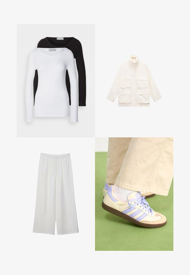 Lysbeige jakke lavet af bomuld, med høj krave, flere forlommer og en afslappet pasform med lange ærmer.; Langærmede skjorter i hvid og sort bomuld, med rund halsudskæring og tætsiddende design. Etiketten er synlig ved halsen.; Hvide vidde bukser lavet af letvægtsstof, med en elastisk talje og snøre for justerbar pasform. Glat tekstur.; Creme og lavendel sneakers med tre striber og en tekstureret brun sål, der har snørebånd og en polstret hæl. Blødt stof øvre.