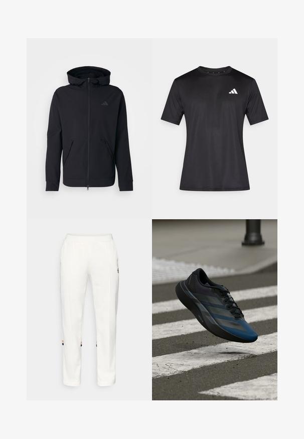 Čierna mikina na zips s hladkou textúrou, nastaviteľnou kapucňou a dvoma prednými vreckami. Obsahuje nenápadné logo na hrudi.; Čierne športové tričko z ľahkej sieťoviny, s krátkymi rukávmi a bielym logom na ľavej strane hrudníka.; Biele jogger nohavice vyrobené z mäkkej tkaniny, s bočnými vreckami a farebnými pruhmi na členkoch v oranžovej a modrej farbe.; Čierna a modrá atletická obuv s aerodynamickým dizajnom, vybavená štruktúrovaným zvrškom, kontrastnými pruhmi a pohodlnou podrážkou, ktorá sa vznáša nad asfaltom.