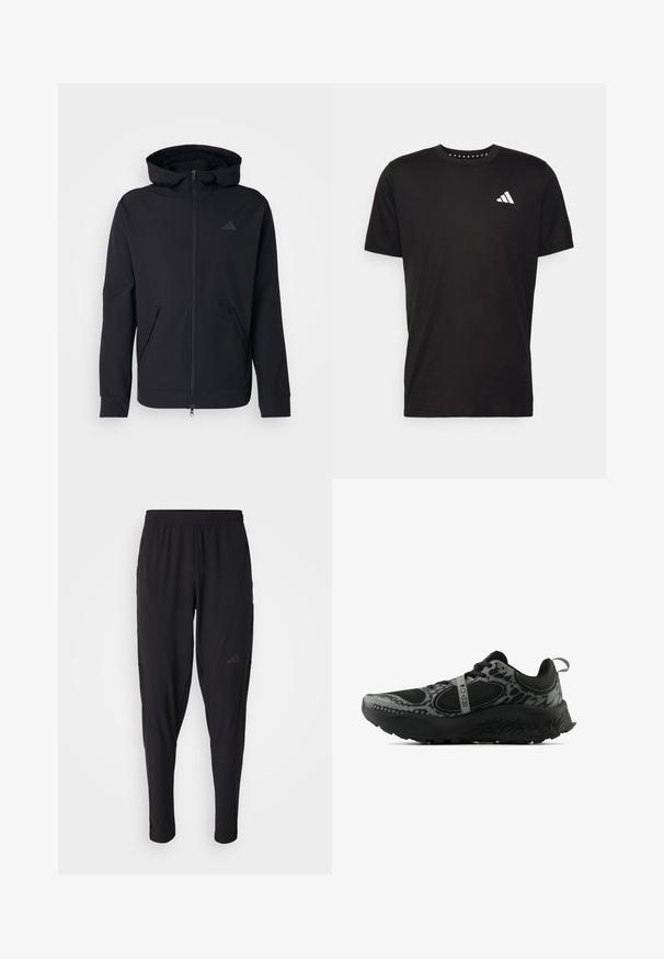 Sudadera con cremallera negra de textura suave, capucha ajustable y dos bolsillos frontales. Presenta un logotipo sutil en el pecho.; Camiseta de algodón negra con mangas cortas, cuello redondo y un logo blanco en el lado izquierdo del pecho. Textura suave y diseño sencillo.; Pantalones deportivos negros con cintura elástica, diseño ajustado, bolsillos laterales y un discreto detalle de logo. Fabricados con un material flexible y transpirable.; Zapatilla deportiva con una parte superior de malla negra que presenta un patrón texturizado en gris, un collar acolchado y una suela de goma negra gruesa para tracción.