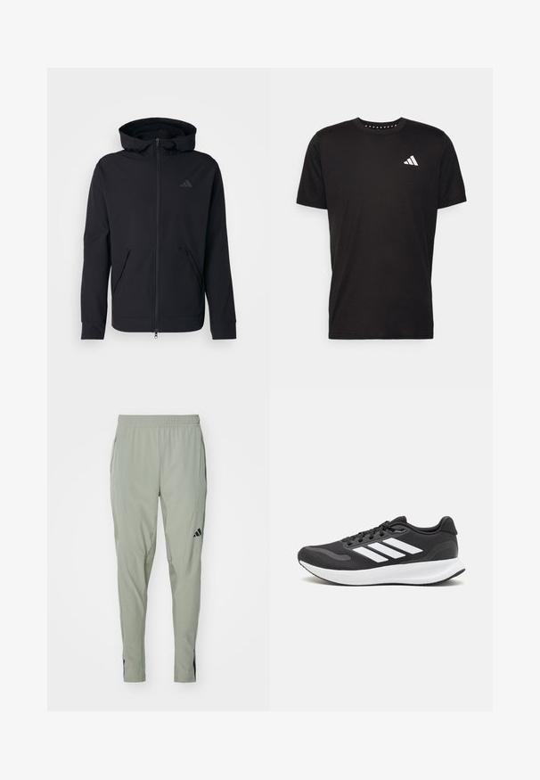 Sort zip-up hættetrøje med en glat tekstur, justerbar hætte og to frontlommer. Har et diskret logo på brystet.; Sort bomulds T-shirt med korte ærmer, rund hals og et hvidt logo på venstre bryst. Glat tekstur og enkelt design.; adidas Performance HYBRID PANT - Træningsbukser - silver pebble; Sort atletik sko med åndbart mesh-overdel, hvide accenter og en polstret sål. Har tre-stripes logo på siden.