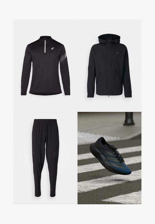 Svart zip-up hoodie med en slät textur, justerbar huva och två framfickor. Har en diskret logotyp på bröstet.; Svart långärmad topp med halv dragkedja i kragen, texturerad tyg och en kontrasterande vit logotyp på bröstet samt prickigt mönster på ärmen.; Svarta sportbyxor med elastisk midja, avsmalnande design, sidofickor och diskret logodetalj. Tillverkade av flexibelt, andningsbart tyg.; Svart och blå atletisk sko med en strömlinjeformad design, med ett texturerat överstycke, kontrasterande ränder och en dämpad sula, svävande över asfalt.