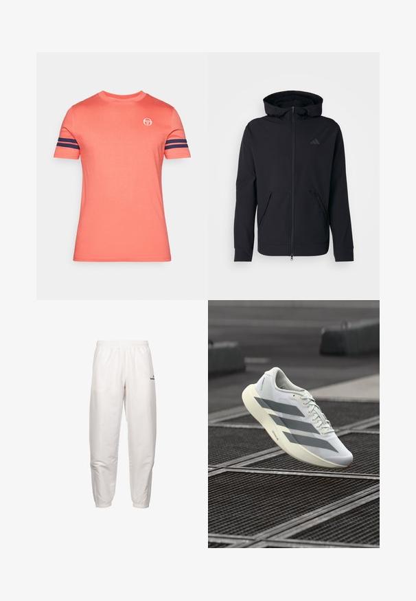 Black zip-up hoodie with a smooth texture, adjustable hood, and two front pockets. Features a subtle logo on the chest.; Short-sleeve, crew neck t-shirt in coral, featuring navy blue stripes on sleeves and a small logo on the chest. Soft cotton fabric.; White polyester track pants with an elastic waistband, side pockets, and elastic cuffs at the ankles. Features a small logo detail.; White athletic shoe with a textured mesh upper, featuring grey stripes and a cushioned sole. Lightweight design suitable for running.