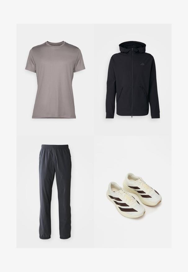 Svart zip-up hoodie med en slät textur, justerbar huva och två framfickor. Har en diskret logotyp på bröstet.; Grå t-shirt med kort ärm gjord av strukturerad tyg med rund hals och en diskret logotypdetalj på ärmen. Enkelt och stilrent design.; Mörkgrå lätta herrbyxor med elastisk midja och vadderade anklar, framfickor med dragkedjor, liggande platt på en vit bakgrund.; Ljusgrå löparskor med mörkbruna diagonala ränder, texturerad meshoverskärning och dämpad sula. Har gul "ADIZERO"-logotyp.