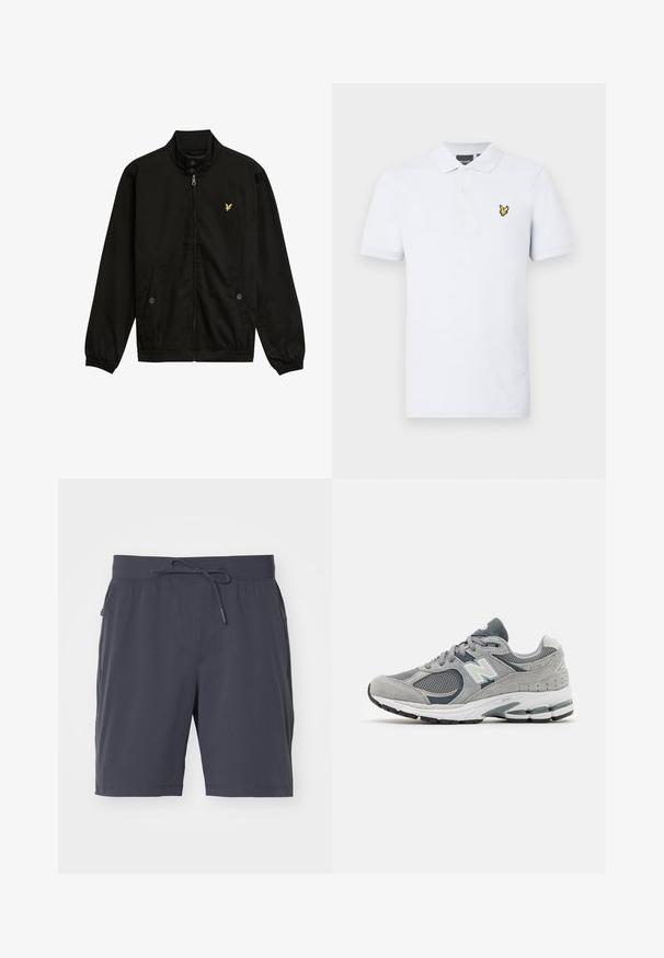 Veste noire en nylon avec fermeture éclair, col montant, poignets élastiques, deux poches avant et un petit logo jaune sur la poitrine.; T-shirt polo blanc en coton. Doté d'un col, de trois boutons et d'un logo brodé jaune sur la poitrine gauche. Manches courtes.; Shorts gris foncé avec une taille élastique et un cordon de serrage. Tissu lisse, deux poches latérales et design de longueur genou. Pas de motifs visibles.; Baskets grises avec des matériaux en maille et en suède, dotées d'un logo blanc, d'un col rembourré et d'une semelle en caoutchouc texturée. Accents en gris plus foncé.