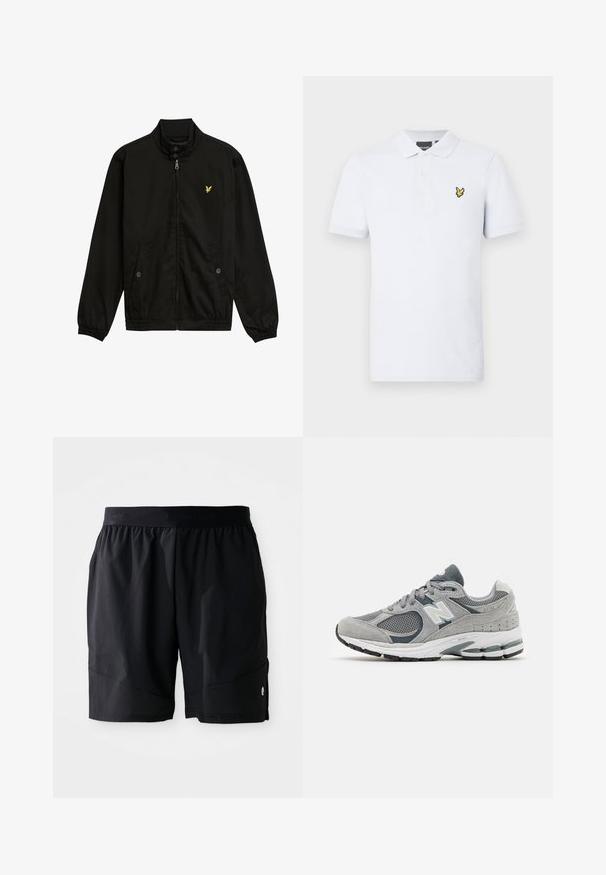 Jaqueta preta em nylon com zíper, gola alta, punhos elásticos, dois bolsos frontais e um pequeno logótipo amarelo no peito.; Polo branco feito de algodão. Apresenta um colarinho, três botões e um logótipo bordado amarelo no lado esquerdo do peito. Mangas curtas.; Calças curtas atléticas pretas com cintura elástica, apresentando uma discreta marca "BJÖRN BORG" e um pequeno logótipo branco perto da bainha.; Sapatilha cinza com materiais de malha e suede, apresentando um logótipo branco, um colarinho almofadado e uma sola de borracha texturizada. Acentos em cinza mais escuro.