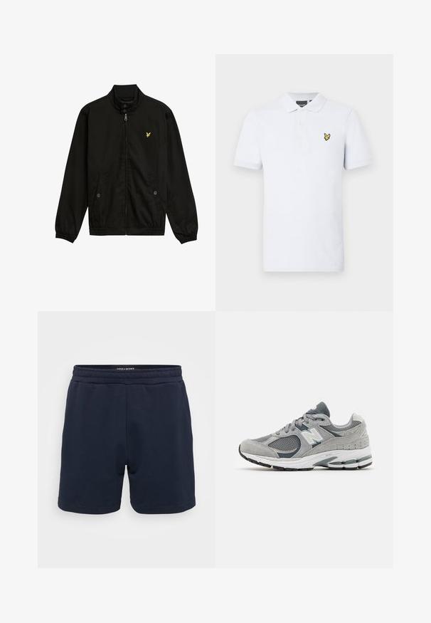 Must musta lukuga nööpidega jakk kõrge kraega, elastsete mansettidega, kahe eesmist taskuga ja väikese kollase logoga rinnal.; Valge puuvillane polo särk. Omab krae, kolme nuppu ja kollast tikandit vasakul rinnal. Lühikesed varrukad.; Tumedate sinine puuvillane lühike püks, millel on veniv vöökoht, sile tekstuur ja tikitud ääred. Küljel olev väike brändilogo.; Hallide hallid, mis on valmistatud võrkkangast ja nahast, valge logo, pehme krae ja tekstuurse kummitaldega. Tumeda halli aksentidega.