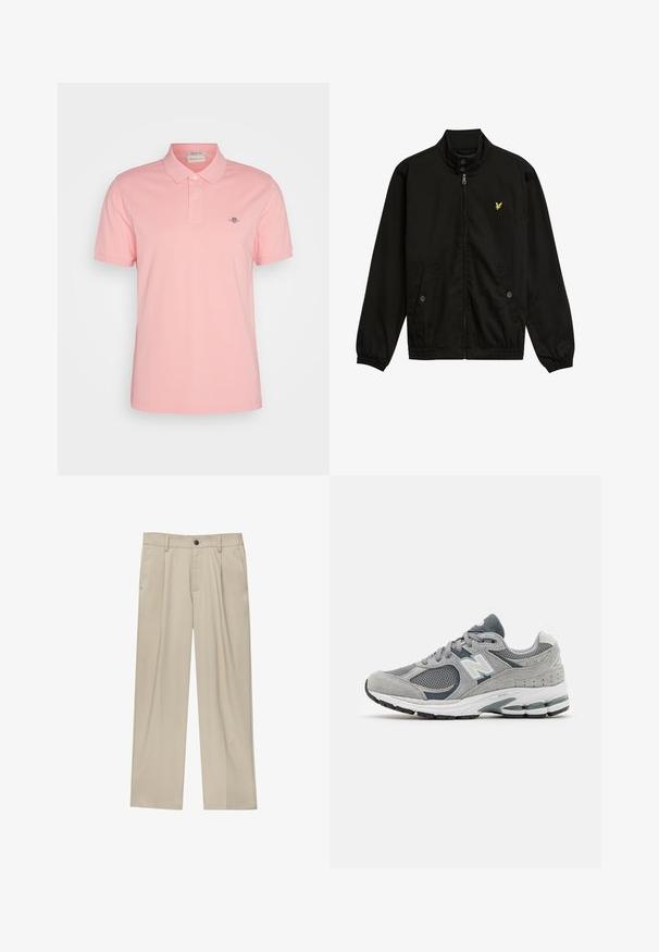Svart nylon zip-jacka med hög krage, elastiska cuffs, två framfickor och en liten gul logotyp på bröstet.; GANT REG SHIELD SS - Piké - bubbelgum pink; Beiga byxor med rak passform, utrustade med en enda svart knapp, bältesöglor och sidofickor. Slät tygkänsla och minimalistisk design.; Grå sneaker med mesh- och mockamaterial, med en vit logotyp, vadderad krage och texturerad gummisula. Accenter i mörkare grå.