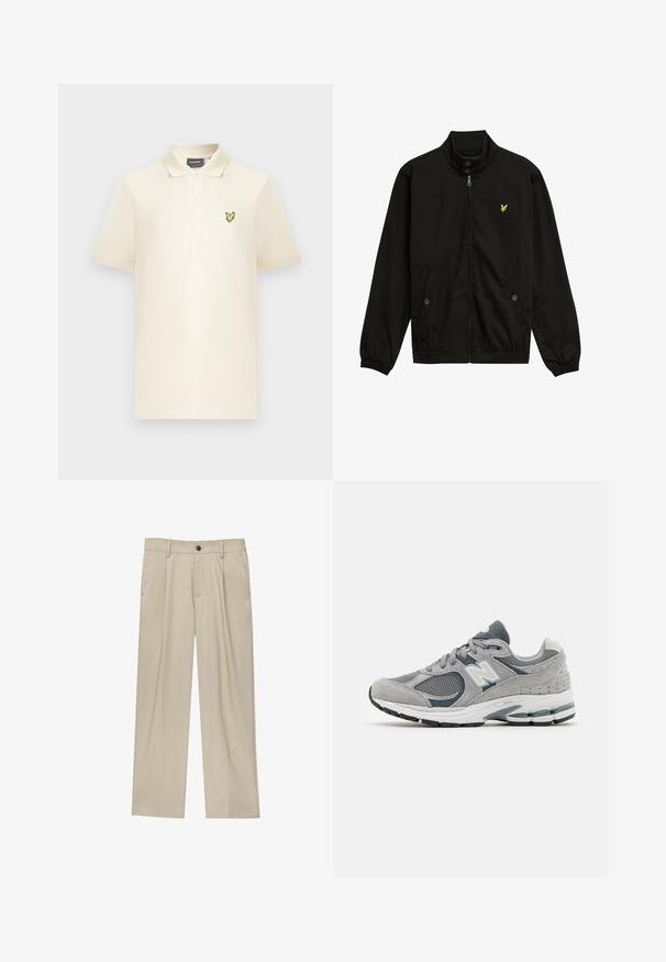 Crna najlon jakna na patentni zatvarač s visokim ovratnikom, elastičnim manžetama, dva prednja džepa i malim žutim logotipom na prsima.; Polo majica boje kreme od mekanog tkanja, s dvostrukim gumbima i žutim izvezenim logotipom na lijevoj strani prsa.; Bež hlače ravnog kroja s jednim crnim gumbom, petljama za remen i bočnim džepovima. Glatka tekstura tkanine i minimalistički dizajn.; Sivi tenisice izrađene od mrežastih i antilop materijala, s bijelim logotipom, podstavljenim okvirom i teksturiranom gumom potplatom. Akcenti u tamnijoj sivoj boji.