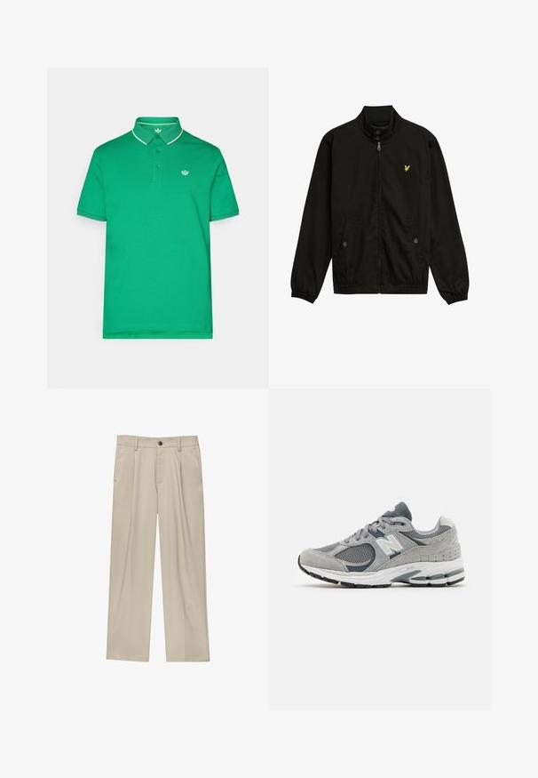 Černá nylonová bunda na zip s vysokým límcem, elastickými manžetami, dvěma předními kapsami a malým žlutým logem na hrudi.; Zelené polo triko z bavlny s dvoupanelovým zapínáním, bílým límcem a lemováním rukávů a malým logem na hrudi.; Béžové kalhoty klasického střihu, se jedním černým knoflíkem, poutky na opasek a bočními kapsami. Hladká textilie a minimalistický design.; Šedé tenisky vyrobené z prodyšné síťoviny a semišových materiálů, s bílým logem, polstrovaným límcem a texturovanou gumovou podešví. Akcenty ve tmavě šedé barvě.