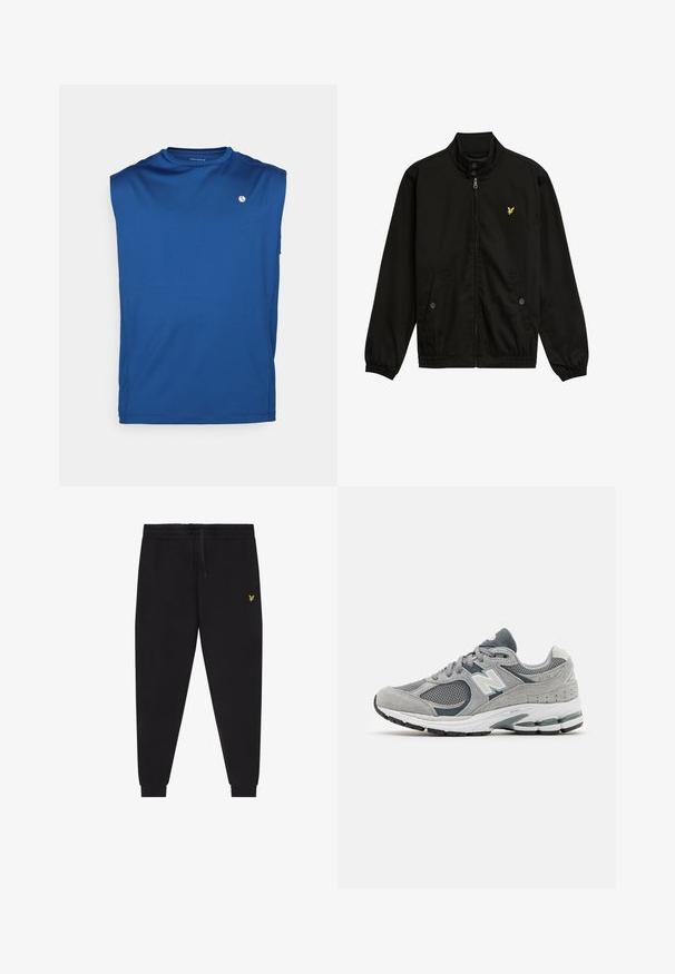 Melnā neilona zip-up jaka ar augstu apkakli, elastīgām aprocēm, divām priekšējām kabatām un nelielu dzeltenu logo uz krūtīm.; Zils bezsleeve sporta tops, izgatavots no mīksta, mitrumu aizvadoša auduma. Iezīmē apaļu kakla izgriezumu un mazu balto logotipu uz krūšu daļas.; Melnas sporta bikses ar elastīgu jostasvietu un auklu, šaurām kājām ar elastīgām aprocēm un nelielu dzeltenu izšūtu logotipu labajā augšstilbā.; Pelēkie sporta apavi ar sieta un zamša materiāliem, ar baltu logotipu, mīkstu apkaklīti un tekstūru gumijas zolēm. Akcenti tumšākā pelēkā krāsā.