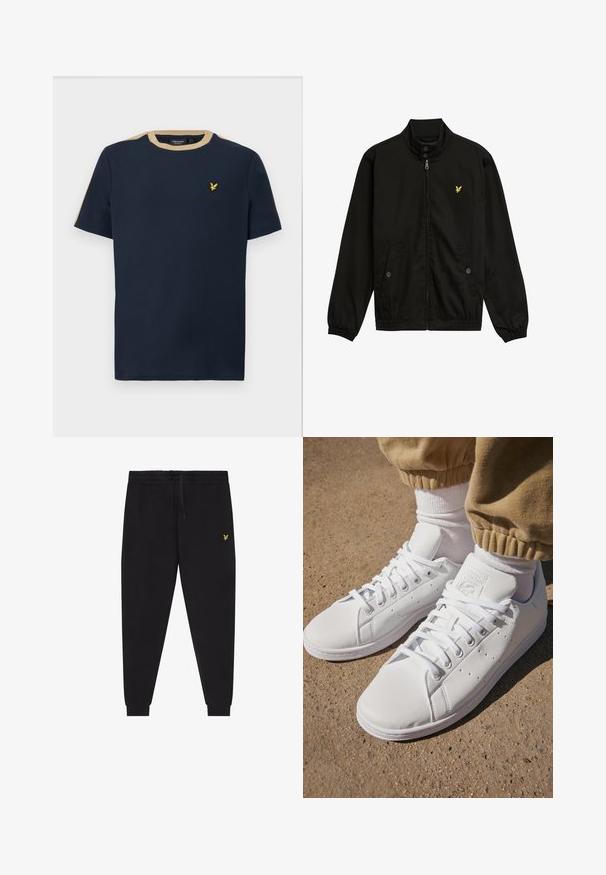 Zwarte nylon zip-up jack met een hoge kraag, elastische manchetten, twee voorzakken en een klein geel logo op de borst.; Marineblauwe t-shirt van katoen met een ronde halslijn en korte mouwen. Heeft een tan-kleurige bies en een klein, goud geborduurd logo.; Zwarte joggingsbroek met elastische taille en trekkoord, taps toelopende pijpen met boorden en een klein geel geborduurd logo op de rechterdij.; Witte leren sneakers met een gladde oppervlakte, met een klassieke vetersluiting, perforaties voor ademend vermogen en een gestructureerde rubberen buitenzool.