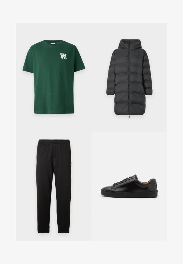 Black long puffer coat with hood, elastic cuffs, front zipper, and two horizontal zip pockets at waist, featuring a small EA7 logo on chest.; Dark green and white striped long-sleeve sweatshirt with "Italy EA7" badge on the chest and small EA7 tag on the cuff.; Green cotton t-shirt featuring a round neckline and short sleeves, with a white “W” logo on the left chest. Plain design, no patterns.; Black elastic waistband sweatpants with slim tapered legs and small logo on upper thigh, displayed on white background.; Black leather sneaker with a smooth finish, round toe, and black laces. Features minimal branding on the heel and a rubber outsole.