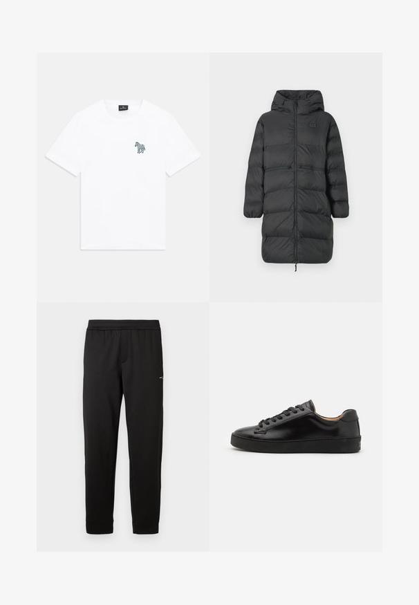 Čierny dlhý puff coat s kapucňou, elastickými manžetami, predným zipsom a dvoma horizontálnymi zipsovými vreckami v oblasti pásu, s malým logom EA7 na hrudníku.; Tmavohnedý a biely pruhovaný sveter s dlhým rukávom s nášivkou "Italy EA7" na hrudi a malou nášivkou EA7 na manžete.; Biele tričko s krátkym rukávom a okrúhlym výstrihom s malou tmavou zebrą na ľavej hrudi a čiernym štítkom vo vnútri goliera.; Čierne teplákové nohavice s elastickým pásom, ktoré sú štíhle a zúžené na nohách, s malým logom na hornej stehne, vystavené na bielom pozadí.; Čierne kožené tenisky s hladkým povrchom, okrúhlou špičkou a čiernymi šnúrkami. Obsahujú minimálne označenie na päte a gumovú podrážku.