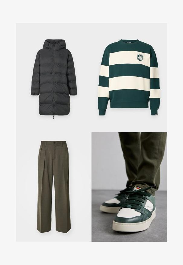 Svart lång pufferjacka med huva, elastiska ärmslut, framsida dragkedja och två horisontella dragkedjefickor vid midjan, med en liten EA7-logotyp på bröstet.; Mörkgrön och vit randig långärmad sweatshirt med "Italy EA7"-märke på bröstet och liten EA7-tag på ärmslutet.; Filippa K WIDE TROUSERS - Tygbyxor - driftwood; Bally RAISE RONNIE - Sneakers - white/sage