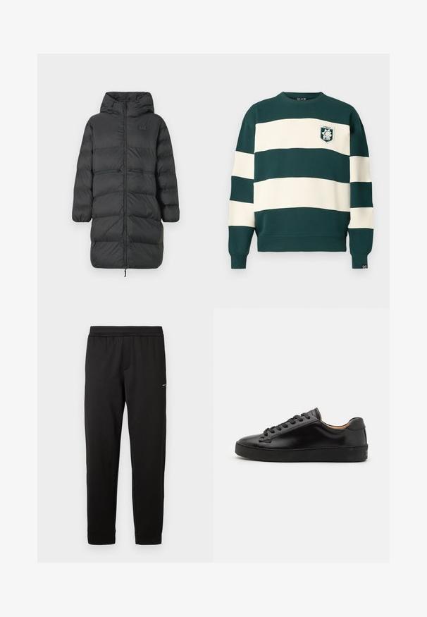 Black long puffer coat with hood, elastic cuffs, front zipper, and two horizontal zip pockets at waist, featuring a small EA7 logo on chest.; Dark green and white striped long-sleeve sweatshirt with "Italy EA7" badge on the chest and small EA7 tag on the cuff.; Black elastic waistband sweatpants with slim tapered legs and small logo on upper thigh, displayed on white background.; Black leather sneaker with a smooth finish, round toe, and black laces. Features minimal branding on the heel and a rubber outsole.