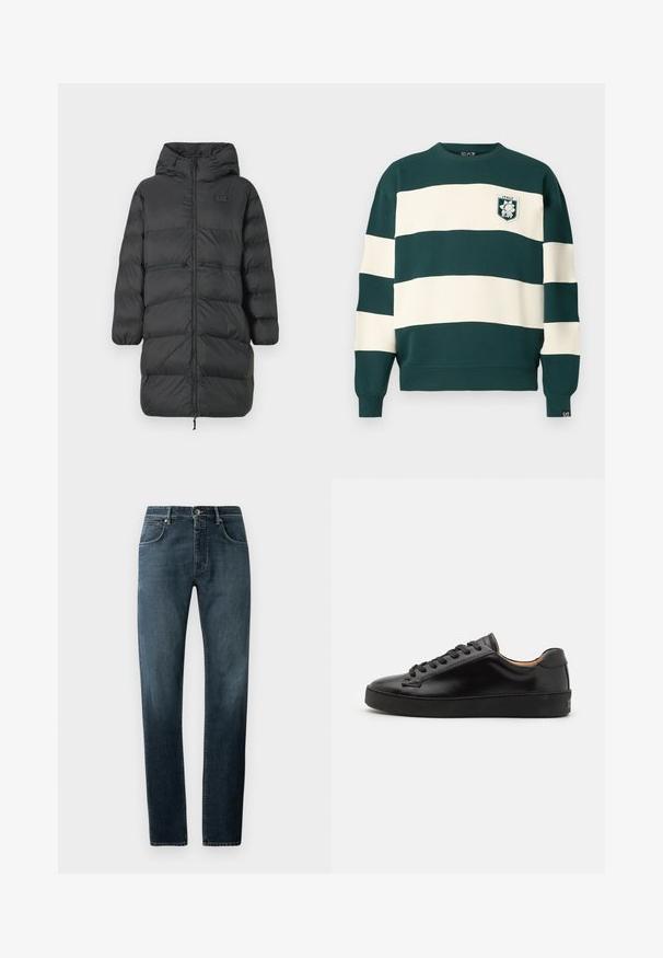 Palton puf negru lung, cu glugă, manșete elastice, fermoar frontal și două buzunare cu fermoar orizontale la talie, având un mic logo EA7 pe piept.; Sweatshirt cu mânecă lungă, dungi verzi închise și albe, cu ecuson "Italy EA7" pe piept și etichetă mică EA7 pe manșetă.; Blugi din denim închis, cu o croială dreaptă, design clasic cu cinci buzunare, cusături în contrast și un efect ușor de decolorare în zona coapselor.; Tenis cu un aspect neted, din piele neagră, cu vârf rotund și șireturi negre. Prezentă o branding minim pe călcâi și o talpă din cauciuc.