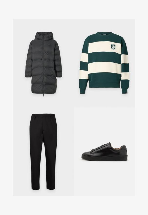 Parka lunga nera con cappuccio, polsini elastici, zip frontale e due tasche orizzontali con zip in vita, con un piccolo logo EA7 sul petto.; Felpa a maniche lunghe a righe verde scuro e bianco con badge "Italy EA7" sul petto e piccolo logo EA7 sul polsino.; Pantaloni neri con un cinturino elastico in vita, gamba affusolata e tessuto liscio. Presentano cuciture minime senza hardware o dettagli visibili.; Sneaker in pelle nera con finitura liscia, punta rotonda e lacci neri. Presenta un branding minimale sul tallone e una suola in gomma.
