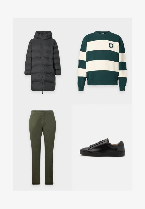 Schwarzer, langer Daunenmantel mit Kapuze, elastischen Bündchen, vorderem Reißverschluss und zwei horizontalen Reißverschlusstaschen auf Hüfthöhe, mit kleinem EA7-Logo auf der Brust.; Dunkelgrüner und weiß gestreifter Langarmpullover mit "Italy EA7"-Abzeichen auf der Brust und kleinem EA7-Tag am Ärmel.; Olivgrüne gerade geschnittene Hose mit Gürtelschlaufen, Reißverschluss und Knopfverschluss, auf einem weißen Hintergrund präsentiert.; Schwarze Ledersneaker mit einer glatten Oberfläche, runder Zehenpartie und schwarzen Schnürsenkeln. Verfügt über ein minimalistisches Branding an der Ferse und eine Gummisohle.