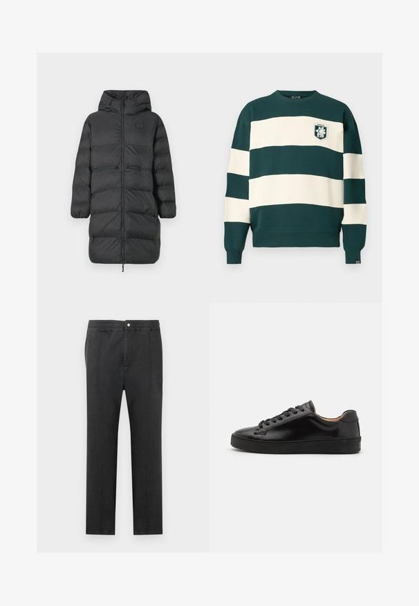 Parka lunga nera con cappuccio, polsini elastici, zip frontale e due tasche orizzontali con zip in vita, con un piccolo logo EA7 sul petto.; Felpa a maniche lunghe a righe verde scuro e bianco con badge "Italy EA7" sul petto e piccolo logo EA7 sul polsino.; Pantaloni neri con vita elastica, fronte piatto, due tasche laterali e cuciture decorative. Nessun motivo o dettaglio hardware visibile.; Sneaker in pelle nera con finitura liscia, punta rotonda e lacci neri. Presenta un branding minimale sul tallone e una suola in gomma.