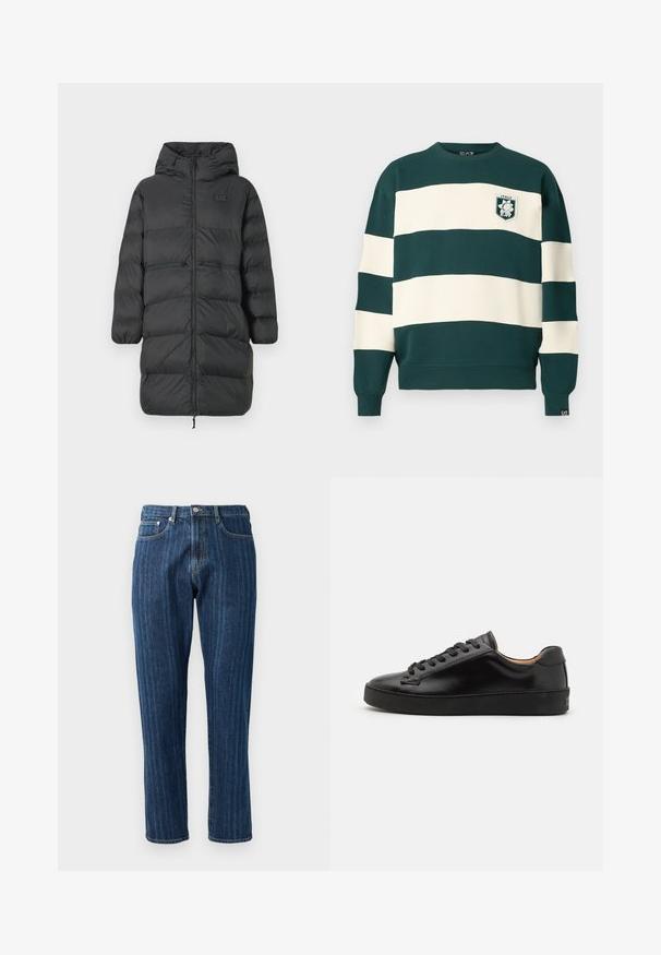 Juodas ilgas pūkinis paltas su gobtuvu, elastingomis rankovėmis, priekiniais užtrauktukais ir dviem horizontaliais užtrauktukais juosmens srityje, su mažuoju EA7 logo ant krūtinės.; Tamsiai žalia ir balta dryžuota ilgomis rankovėmis palaidinė su "Italy EA7" ženklu ant krūtinės ir mažu EA7 žymekliu ant rankovės.; Tamsiai mėlyni džinsai su tiesiomis klešnėmis, matomu siuvimu, penkių kišenių dizainu ir mygtuko užtrauktuku juosmenyje.; Juodas odinis sportinis batelis su lygiu paviršiumi, apvaliu bato pirštu ir juodomis raištelėmis. Yra minimalus prekės ženklas ant kulno ir guminis padas.