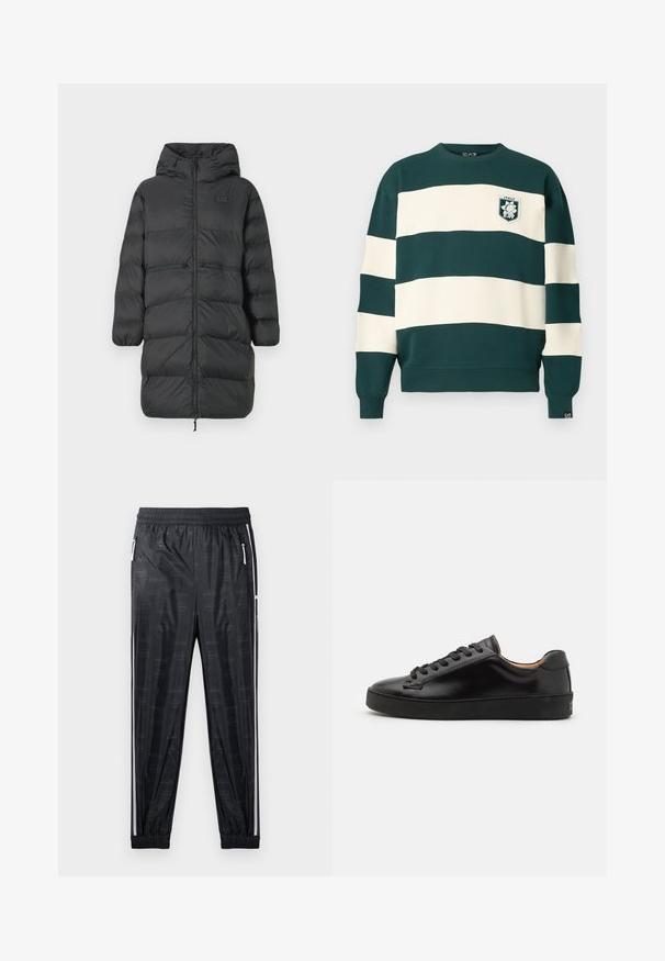 Fekete, hosszú puffernadrág kapucnival, rugalmas mandzsettákkal, elülső cipzárral és két vízszintes cipzáros zsebbel a deréknál, mellkason egy kis EA7 logóval.; Sötétzöld és fehér csíkos, hosszú ujjú pulóver, az elején "Italy EA7" felirattal, a mandzsettán pedig egy kis EA7 címke található.; Fekete sportnadrág fényes felülettel, diszkrét logómintával, rugalmas derékkal és oldalsó cipzáras zsebekkel, fehér részletekkel.; Fekete bőr sneaker sima felülettel, kerek orral és fekete fűzőkkel. Minimalista logó található a sarokon, valamint gumitalpa van.