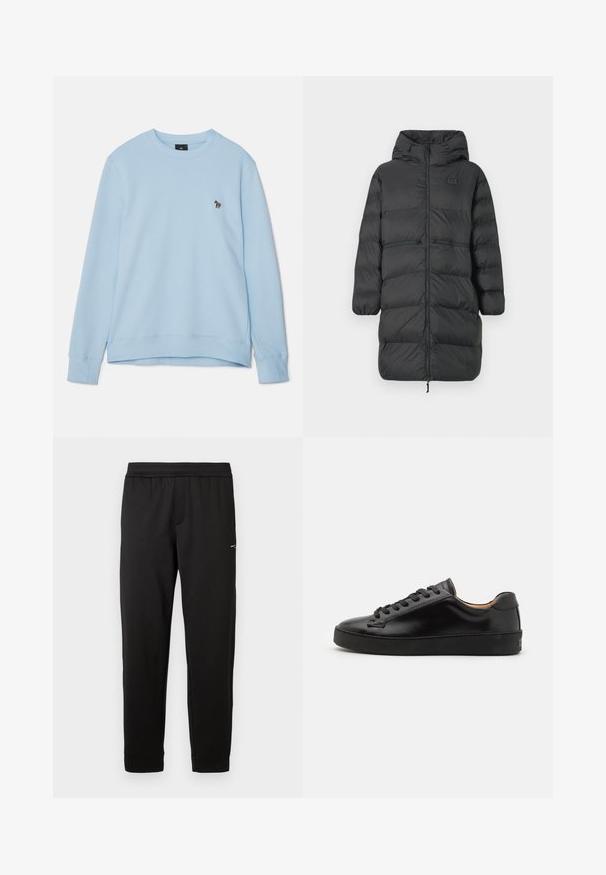 Palton puf negru lung, cu glugă, manșete elastice, fermoar frontal și două buzunare cu fermoar orizontale la talie, având un mic logo EA7 pe piept.; Mănușă albastră deschisă cu guler rotund și manșete ribbed. Prezintă un mic design brodat pe piept. Textură a țesăturii moale.; Pantaloni de trening negri cu bandă elastică la talie, cu picioare subțiri și ușor înguste, având un logo mic pe coapsa superioară, expuși pe un fundal alb.; Tenis cu un aspect neted, din piele neagră, cu vârf rotund și șireturi negre. Prezentă o branding minim pe călcâi și o talpă din cauciuc.