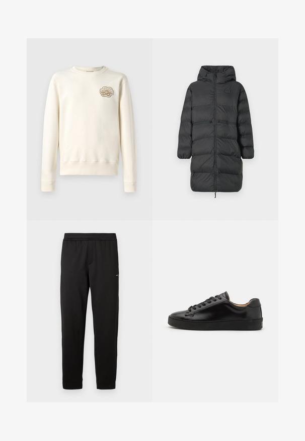 Parka lunga nera con cappuccio, polsini elastici, zip frontale e due tasche orizzontali con zip in vita, con un piccolo logo EA7 sul petto.; Felpa beige chiaro con collo tondo, maniche lunghe e polsini a coste. Presenta un patch ricamato decorativo sul lato sinistro del petto.; Pantaloni da jogging neri con cintura elastica, gamba slim e logo piccolo sulla coscia, esposti su sfondo bianco.; Sneaker in pelle nera con finitura liscia, punta rotonda e lacci neri. Presenta un branding minimale sul tallone e una suola in gomma.