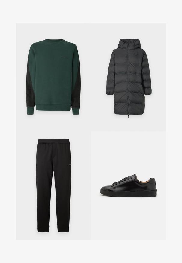 Black long puffer coat with hood, elastic cuffs, front zipper, and two horizontal zip pockets at waist, featuring a small EA7 logo on chest.; Green sweatshirt with a crew neck, black side panels, and subtle logo detailing in black on the chest. Soft, textured fabric.; Black elastic waistband sweatpants with slim tapered legs and small logo on upper thigh, displayed on white background.; Black leather sneaker with a smooth finish, round toe, and black laces. Features minimal branding on the heel and a rubber outsole.