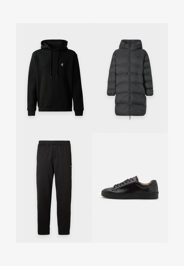 Musta pitkä untuvaparka hupulla, joustavat hihansuut, etuvetoketju ja kaksi vaakasuoraa vetoketjullista taskua vyötäröllä, jossa pieni EA7-logo rinnassa.; Mustat huppari, joka on valmistettu puuvillasekoitteesta. Siinä on etuosa kangaroo-tasku, nauhalla säädettävä huppu ja pieni brodeerattu logo rinnassa.; Mustat elastiset vyötärönauhat ja kapeat lahkeet, joissa on pieni logo yläreidessä, esillä valkoisella taustalla.; Musta nahkakengät, joissa on sileä pinta, pyöreä kärki ja mustat nauhat. Varustettu vähäisellä brändäyksellä kantapäässä ja kumipohjalla.