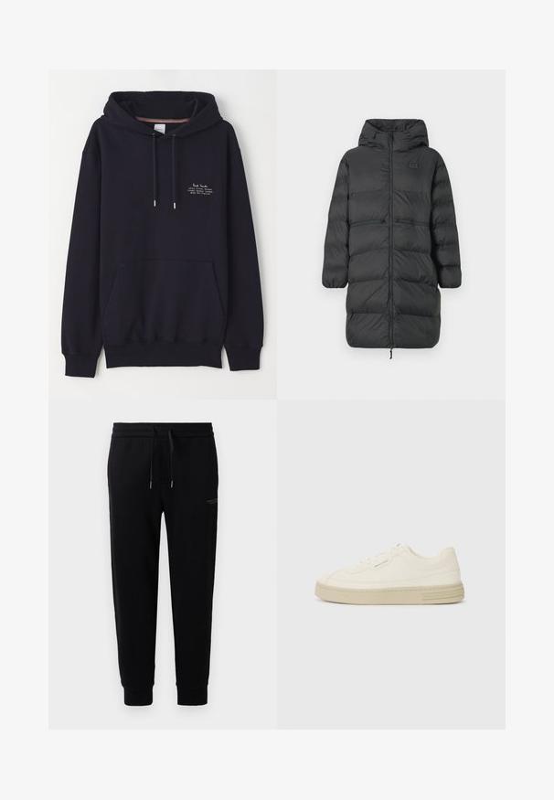 Zwarte lange pufferjas met capuchon, elastische manchetten, ritssluiting aan de voorkant en twee horizontale ritszakken op de taille, met een klein EA7-logo op de borst.; Marineblauwe hoodie met een voorzak, trekkoorden en kleine witte tekst met de merknaam en het adres. Gemaakt van zachte stof.; Zwarte joggingsbroek van katoenmix met een elastische tailleband met trekkoord, boordjes aan de enkels en een subtiele logo-print aan de zijkant.; Witte canvas sneakers met een gestructureerde rubberen zool, featuring een gestikte neuskap en logo-accent op de hak. Eenvoudig vetersluiting ontwerp.
