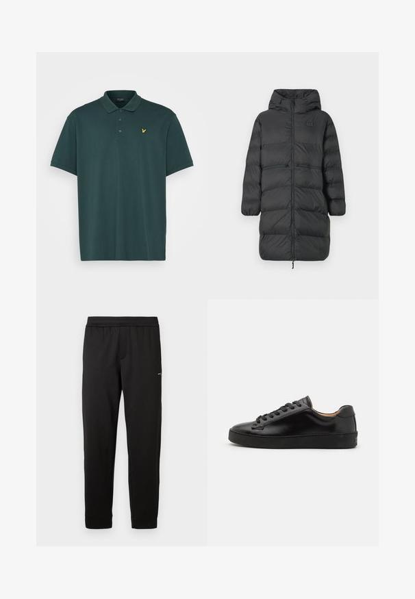 Melns garais pūkains mētelis ar kapuci, elastīgām aprocēm, priekšējo rāvējslēdzēju un divām horizontālām rāvējslēdzēju kabatām jostasvietā, ar mazu EA7 logotipu uz krūšu.; Lyle & Scott PLAIN - Polo krekls - teal; Melnas elastīgas sporta bikses ar šauru piegriezumu un mazu logo augšstilba daļā, izvietotas uz baltā fona.; Melnas ādas sporta apavi ar gludu virsmu, apaļu purngalu un melnām auklām. Iezīmē minimālu zīmolu uz papēža un gumijas zoli.