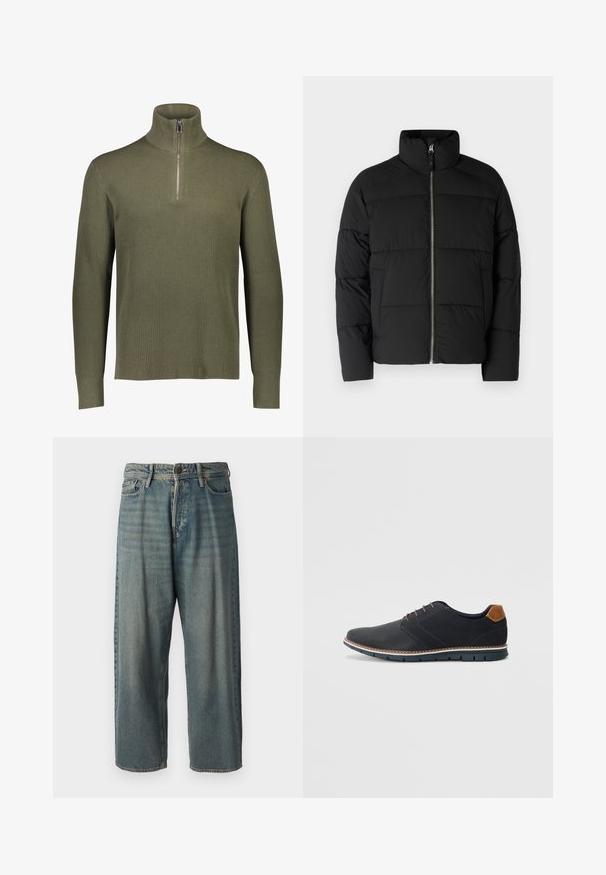 Melns pūkains mētelis ar augstu apkakli, priekšējo rāvējslēdzēju un paklājotiem posmiem. Izgatavots no gludas, izolējošas materiales.; Olive zaļš ribots trikotāžas džemperis ar augstu apkakli un ceturtdaļas rāvējslēdzējs. Izkārtoti garās piedurknes un teksturēta apdare.; Gaiši zili džinsi ar brīvu piegriezumu, vidējo jostas augstumu un taisnām kājām. Satur piecas kabatas, jostas cilpas un pogu aizdari.; Melni sintētiskie apavi ar struktūru augšdaļā, gludu akcentu, brūnu papēdi un kontrastējošu zoli. Iezīmē minimālu šņorēšanu un šuvju detaļas.