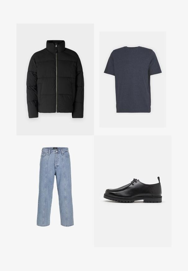 Černá péřová bunda s vysokým límcem, předním zipem a prošívanými částmi. Vyrobena z hladkého, izolovaného materiálu.; Navy modrá tričko s kulatým výstřihem vyrobené z jemné bavlněné směsi, s krátkými rukávy a regular fit. Žádné viditelné vzory ani akcenty.; Světle modré džíny z denimu s volným střihem, širokými nohavicemi a viditelnými švy. Obsahují zapínání na knoflík a zip, pět kapes.; Černé kožené šněrovací boty s robustní podrážkou a poutkem na patě, zobrazené ze strany na bílém pozadí.
