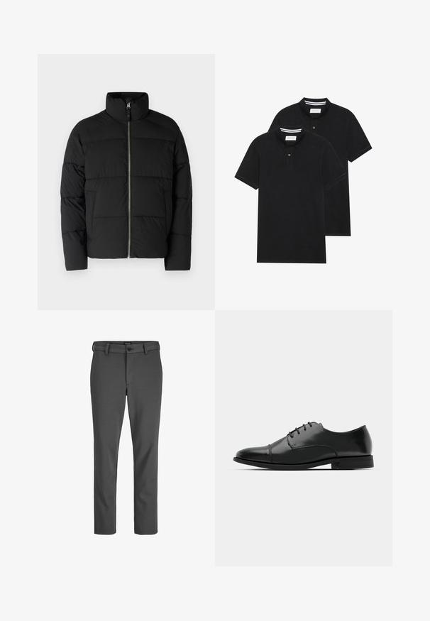 Melns pūkains mētelis ar augstu apkakli, priekšējo rāvējslēdzēju un paklājotiem posmiem. Izgatavots no gludas, izolējošas materiales.; Divas melnas polo krekli, īsām piedurknēm, no kokvilnas materiāla, ar klasisku apkakli, divu pogu aizdari un balti svītroti akcenti apkakles iekšpusē.; Pelēki piegriezti bikses no gludas auduma, ar pogu aizdari un jostas cilpām, taisna piegriezuma un bez pamanāmiem rakstiem.; Melnas ādas vadmalas kurpes ar noapaļotu purngalu, saistījuma dizains, smalkas izšuvumu detaļas un zema papēža. Gluda tekstūra ar spīdīgu apdari.