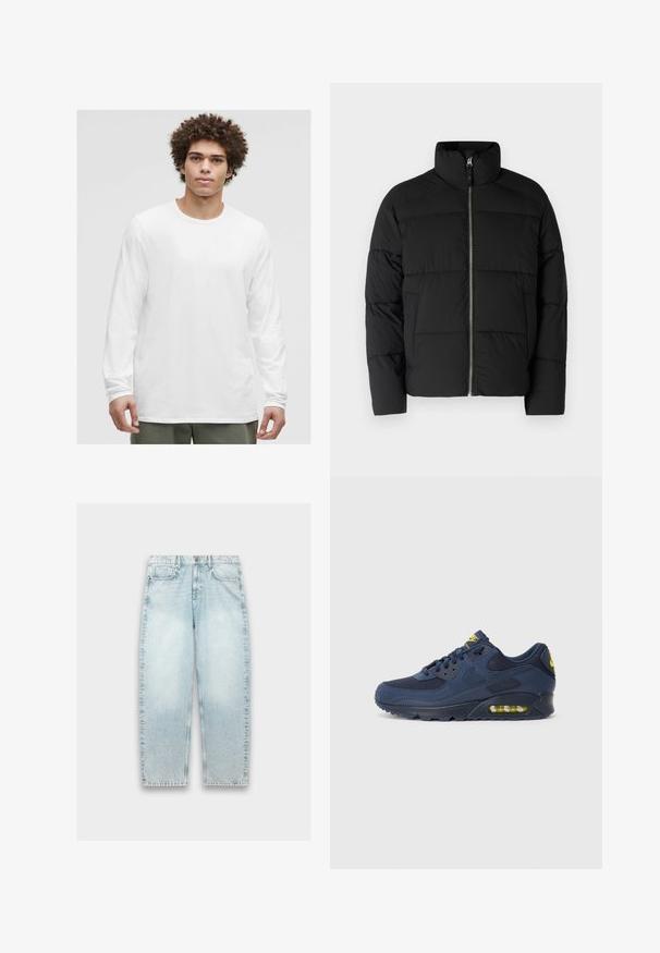 Musthave musta puffer-jakk, millel on kõrge krae, ees pikk tõmblukk ja põkkhõbedat. Valmistatud siledast, isoleeritud materjalist.; Valge pika varrukaga T-särk ümmarguse kaelusega, pehmest kangast, millel on lõdva sobivusega ja ei ole nähtavaid logosid ega mustreid.; Hallusin sinised teksad, millel on lahtine lõige, sirged jalad, kulunud tekstuur, viie tasku disain ja metallne nööp sulgemiseks vöökoha juures.; Tumed sinine Nike Air Max tossud, mille ülemine osa on valmistatud sametist ja võrkmaterjalist, kollaste aktsentidega, nööriga kinnitatav ja nähtava õhupadjaga tallas.