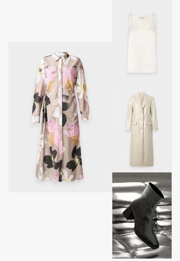 Krokodil mintás műbőr hosszú kabát, világos bézs színben, visszahajtott gallérral, két elülső zsebbel és gombos záródással. Simább, fényes textúra.; Virágmintás ruha gombos, elöl bekapcsolható kialakítással, hosszú ujjakkal, világos bézs anyagból, rózsaszín, fekete és fehér absztrakt virágmintákkal.; Fehér selymes ujjatlan top, kerek nyakkivágással és sima felülettel, finom fényvédelemmel és letisztult élekkel.; Fekete bokacsizma fényes anyagból, négyzetes orral és szűkített sarkú, egy csillogó ezüst kárpitozott háttér előtt.