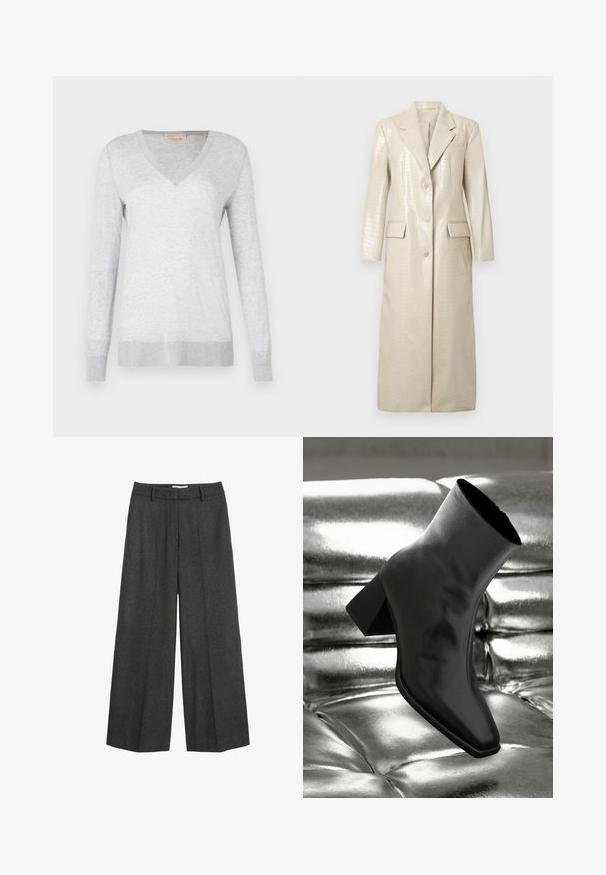 Krokodila raksta mākslīgās ādas garais mētelis, gaiši bēšā krāsā, ar iecirtītām atloks, divām priekšējām kabatām un pogu aizdari. Gluda, spīdīga tekstūra.; Gai pelēks garais džemperis ar V formas kaklu, maigu tekstūru un ribotiem piedurkņu galiem un apakšmalai. Audumā ir niansēts hether stils.; Platas kājas bikses tumši pelēkā audumā. Iezīmēts ar pielāgotu jostas vietu ar jostas cilpām, gludu tekstūru un minimālām šuvju akcents.; Melnas potītes kurpes, izgatavotas no spīdīga materiāla, ar kvadrātveida purngalu un konusveida papēdi, novietotas uz spīdīga sudraba izšūta fona.