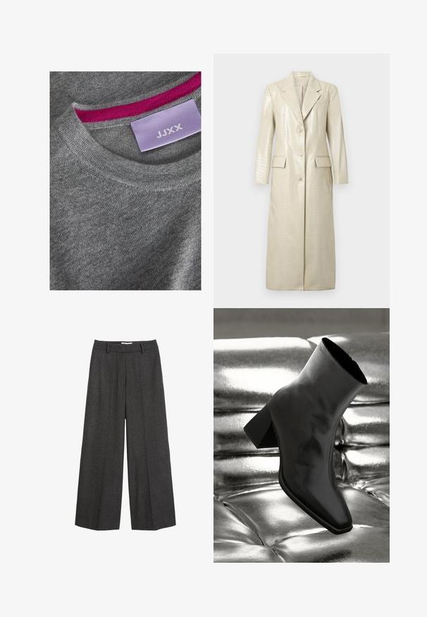 Krokodilmuster Kunstleder lange Jacke, hellbeige, mit Reverskragen, zwei Fronttaschen und Knopfverschluss. Glatte, glänzende Textur.; Grauer gestrickter Pullover mit einem gerippten Rundhalsausschnitt. Rosa Akzent am inneren Ausschnitt. Etikett sichtbar mit "JJXX" auf einem helllila Hintergrund.; Weißes Satin-Ärmelloses Tanktop mit rundem Ausschnitt und glatter Textur, subtiler Glanz und saubere Kanten.; Weite Hose aus dunkelgrauem Stoff. Verfügt über einen maßgeschneiderten Bund mit Gürtelschlaufen, glatter Textur und minimalen Nähakzenten.; Schwarzer Knöchelstiefel aus glänzendem Material mit quadratischer Zehenform und verjüngtem Absatz, vor einem glänzenden silbernen gepolsterten Hintergrund.