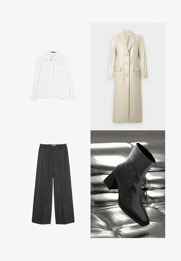 Crocodile pattern faux leather long coat, light beige, with notched lapels, two front pockets, and button closure. Smooth, shiny texture.; White blouse with a bow tie collar, long sleeves, two front pockets, and a button-up front. Soft, smooth fabric with slight sheen.; Wide-leg trousers in dark gray fabric. Features a tailored waistband with belt loops, smooth texture, and minimal stitching accents.; Black ankle boot made of glossy material with a square toe and tapered heel, set against a shiny silver tufted background.