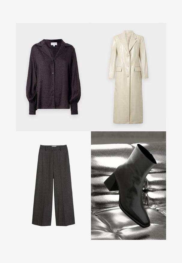 Crocodile pattern faux leather long coat, light beige, with notched lapels, two front pockets, and button closure. Smooth, shiny texture.; Black satin blouse with a subtle animal print, button closure, and loose fit. Features puffed sleeves and smocked detailing at cuffs.; Wide-leg trousers in dark gray fabric. Features a tailored waistband with belt loops, smooth texture, and minimal stitching accents.; Black ankle boot made of glossy material with a square toe and tapered heel, set against a shiny silver tufted background.