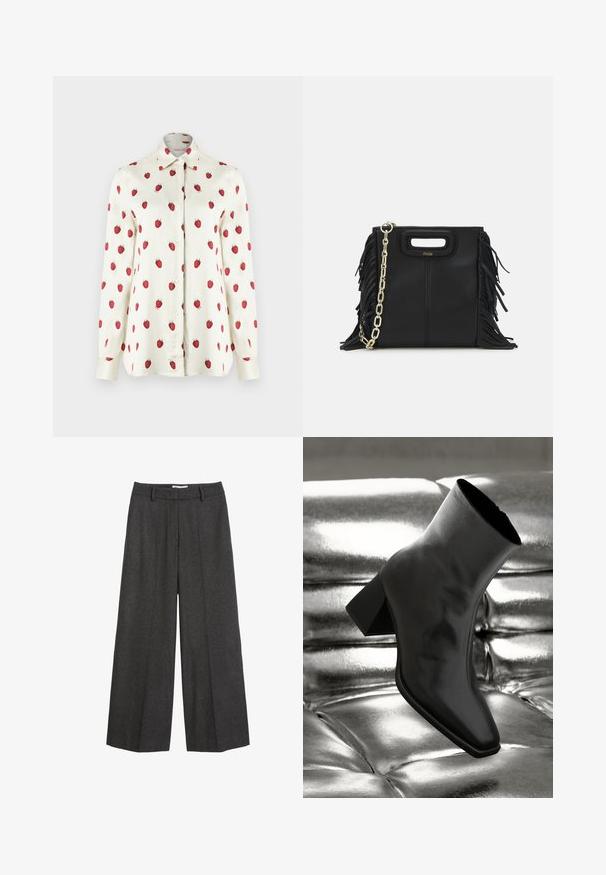 Krokodilo raštuotas dirbtinio odos ilgas paltas, šviesiai kreminės spalvos, su įpjovomis apykaklėmis, dviem priekinėmis kišenėmis ir mygtukų užsegimu. Lygus, blizgus paviršius.; Balta marškiniai su apkniedais, puoštas raudonais braškių motyvais. Ilgos rankovės, klasikinis apykaklės dizainas ir glotni medžiaga su švelniu tekstūra.; Platus kojas kelnes tamsiai pilkos spalvos audinio. Yra pritaikytas liemuo su dirželių kilpomis, lygus paviršius ir minimalūs siuvimo akcentai.; Juodos kulkšnies botai, pagaminti iš blizgaus medžiagos, su kvadratine padu ir siauru kulnu, prieš blizgiai sidabrinį pūsto audinio foną.; Juodas odinis rankų darbo rankinys su frinzuotomis detalėmis, auksine grandinės petneša ir išpjauto dizaino rankena. Pirmoje pusėje yra logotipo vieta.