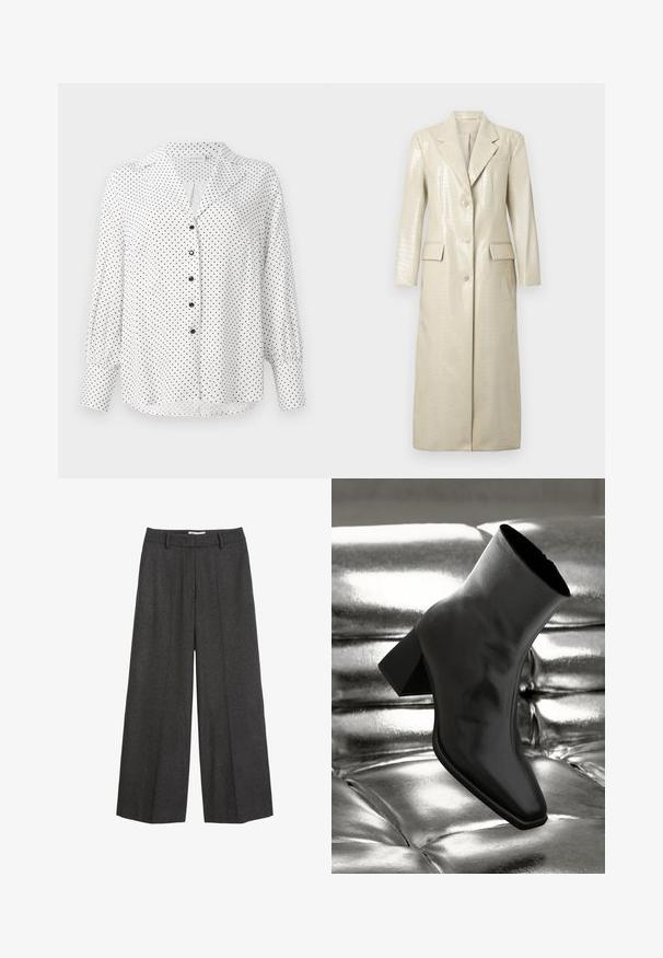Krokodillemønster imiteret læder lang frakke, lys beige, med klapkrave, to frontlommer og knaplukning. Glat, skinnende tekstur.; Hvid langærmet bluse med sorte prikker, sorte knapper foran, krave og brede manchetter på ærmerne.; Bredde bukser i mørkegrå stof. Har en skræddersyet talje med bæltesløjfer, glat tekstur og minimale syninger som detaljer.; Sorte ankelstøvler lavet af glossy materiale med firkantet tå og spidse hæle, sat mod en skinnende sølv tuftet baggrund.
