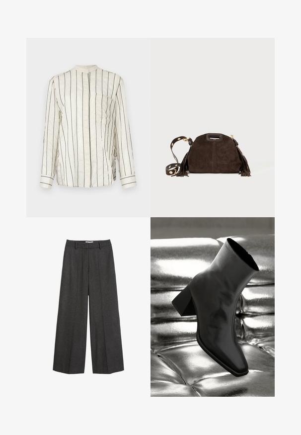 Płaszcz długi z imitacji skóry w wzór krokodyla, jasnobeżowy, z klapami, dwoma przednimi kieszeniami i zapięciem na guziki. Gładka, błyszcząca tekstura.; Koszula z długim rękawem w kremowym materiale z pionowymi czarnymi paskami, z kołnierzykiem mandarynkowym, zapięciem na guziki z przodu i kieszenią na piersi.; Biała satynowa bezrękawnik z okrągłym dekoltem i gładką fakturą, o subtelnym połysku i czystych krawędziach.; Spodnie o szerokich nogawkach w ciemnoszarym kolorze. Posiadają dopasowany pasek w talii z szlufkami, gładką fakturę oraz minimalistyczne akcenty w postaci szwów.; Czarne botki za kostkę wykonane z błyszczącego materiału, z kwadratowym noskiem i zwężającym się obcasem, na tle błyszczącego srebrnego tapicerowanego tła.; Brązowa torebka z zamszu o zaokrąglonym kształcie, ozdobnymi frędzlami, odczepianym paskiem z złotym okuciem oraz górnym uchwytem.