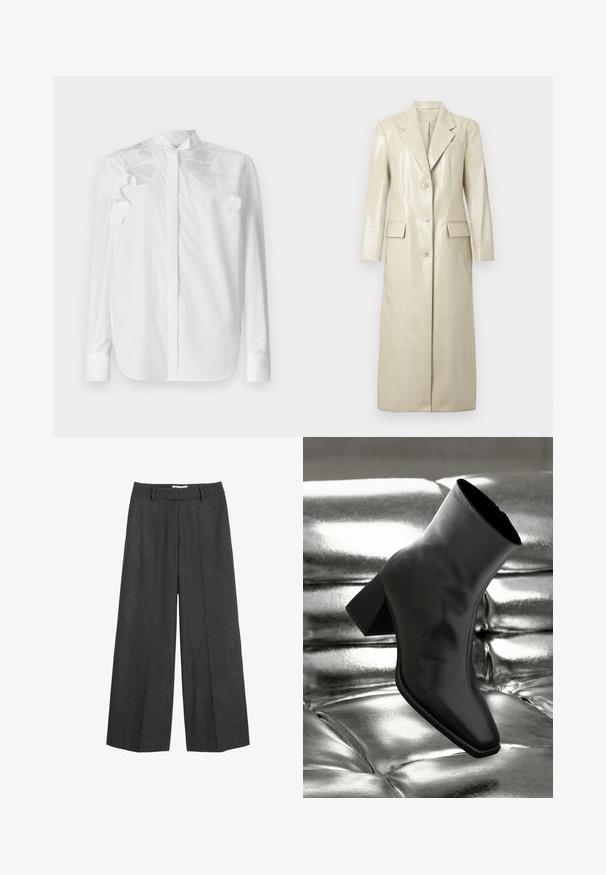 Dlhý kabát z imitácie kože s krokodílim vzorom, svetlo béžovej farby, s klopami, dvoma prednými vreckami a zapínaním na gombíky. Hladká, lesklá textúra.; Biela dlhá blúzka s dlhým rukávom vyrobená z bavlny s mandarínským golierom. Má vrstvené volániky na ramenách a zapínanie na gombíky vpredu.; Široké nohavice v tmavošedej tkanine. Obsahujú priliehavý pás so slučkami na opasok, hladkú textúru a minimálne vyšívané detaily.; Čierne členkové topánky vyrobené z lesklého materiálu so štvorcovou špičkou a zúženým podpätkom, na lesklom striebornom podklade s vystuženým vzorom.