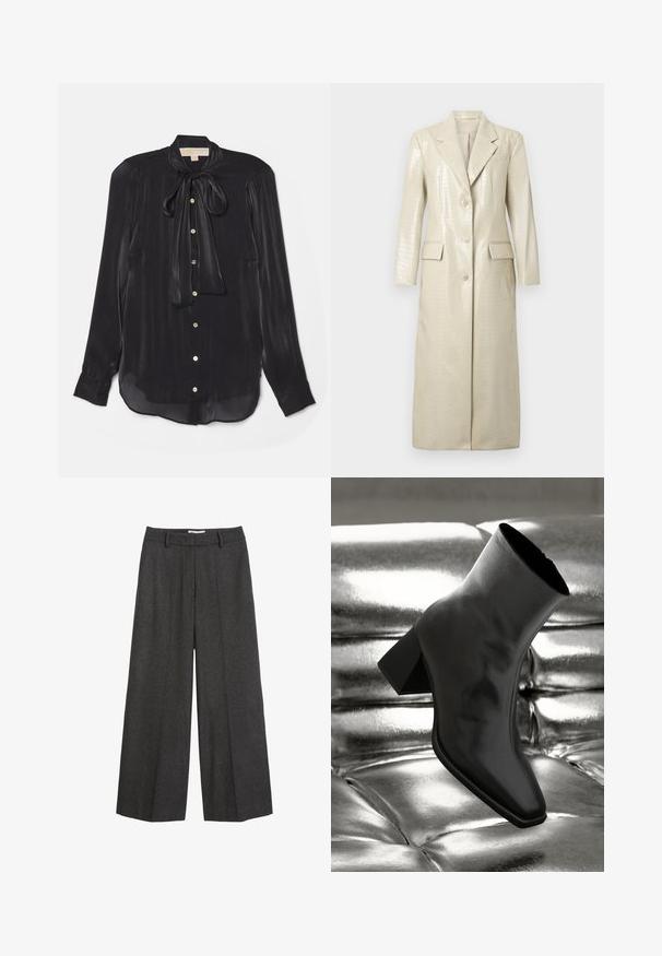 Płaszcz długi z imitacji skóry w wzór krokodyla, jasnobeżowy, z klapami, dwoma przednimi kieszeniami i zapięciem na guziki. Gładka, błyszcząca tekstura.; Czarna bluzka z długim rękawem, wykonana z jedwabistego materiału, z wiązanym dekoltem, złotymi guzikami i lekko zaokrąglonym dołem. Gładka tekstura z subtelnym połyskiem.; Spodnie o szerokich nogawkach w ciemnoszarym kolorze. Posiadają dopasowany pasek w talii z szlufkami, gładką fakturę oraz minimalistyczne akcenty w postaci szwów.; Czarne botki za kostkę wykonane z błyszczącego materiału, z kwadratowym noskiem i zwężającym się obcasem, na tle błyszczącego srebrnego tapicerowanego tła.