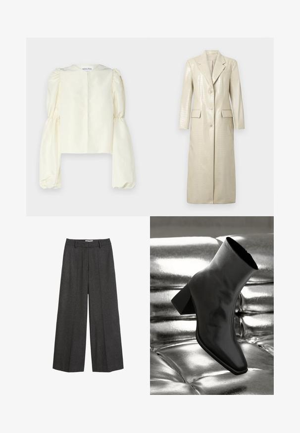 Płaszcz długi z imitacji skóry w wzór krokodyla, jasnobeżowy, z klapami, dwoma przednimi kieszeniami i zapięciem na guziki. Gładka, błyszcząca tekstura.; Kremowa satynowa bluzka z wysokim kołnierzem i obszerne, marszczone długie rękawy. Minimalistyczny design z zapięciem z tyłu i brakiem ozdobników.; Spodnie o szerokich nogawkach w ciemnoszarym kolorze. Posiadają dopasowany pasek w talii z szlufkami, gładką fakturę oraz minimalistyczne akcenty w postaci szwów.; Czarne botki za kostkę wykonane z błyszczącego materiału, z kwadratowym noskiem i zwężającym się obcasem, na tle błyszczącego srebrnego tapicerowanego tła.