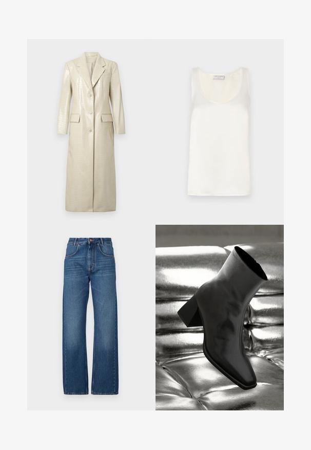 Krokodillemønster imiteret læder lang frakke, lys beige, med klapkrave, to frontlommer og knaplukning. Glat, skinnende tekstur.; Hvid satin ærmeløs tanktop med rund halsudskæring og glat tekstur, med en subtil glans og rene kanter.; Højtaljede, vide jeans i mørkeblå denim. Har synlige sømme, to frontlommer og en enkelt knaplukning i taljen.; Sorte ankelstøvler lavet af glossy materiale med firkantet tå og spidse hæle, sat mod en skinnende sølv tuftet baggrund.